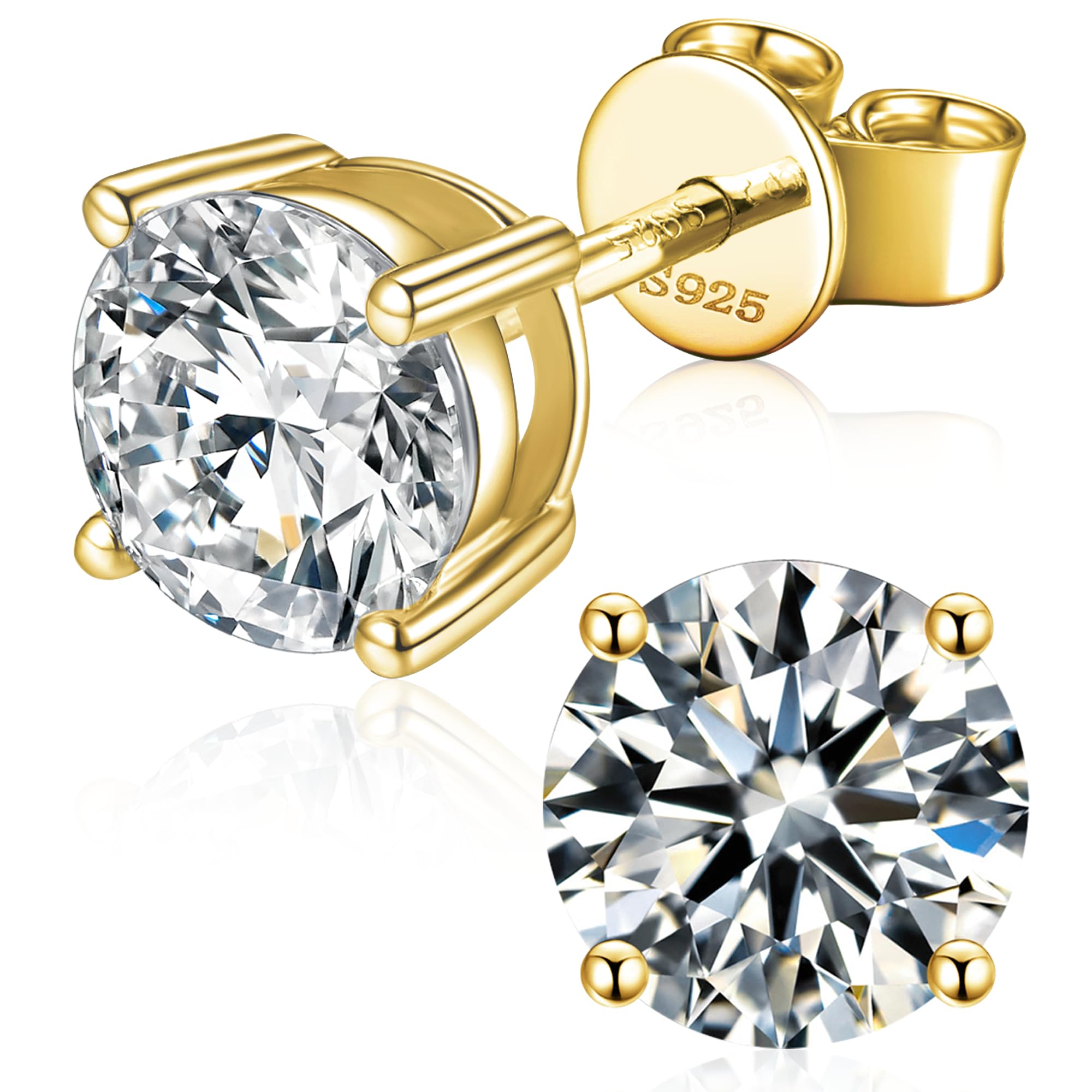 Moissanite Stud Earrings for Women, 925 Sterling Silver Earrings, 14K Gold Plating earrings for Men（3.0ct/pair） Image