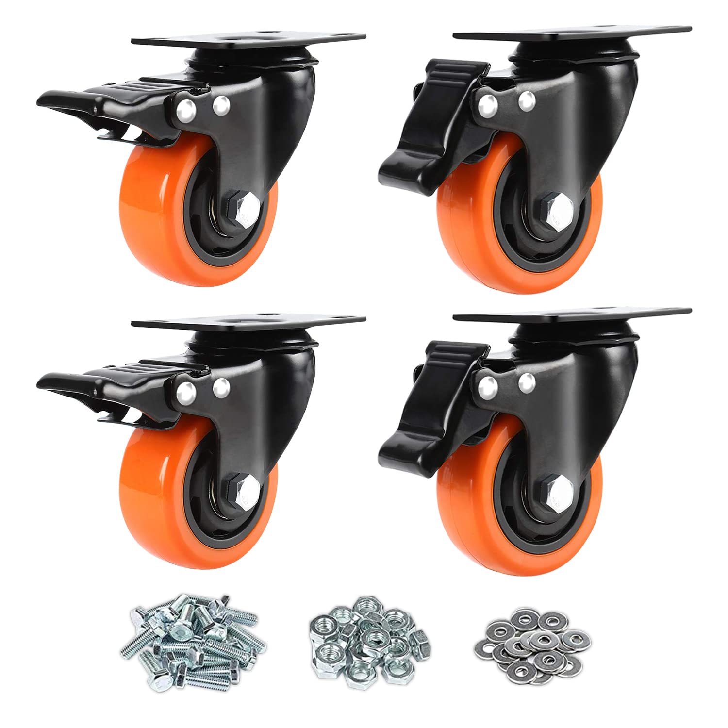 Photo 1 of **MISSING 2 WHEELS AND MISSING ACCESSORIES**
3" Caster Wheels, Outstanding Casters Set of 4 Heavy Duty, Silent Industrial Casters, Locking Casters Wheels for Furniture, Castor Wheels for Cart, Workbench-Oranger