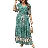 Nemidor Plus Size Women Summer Maxi Dress Floral Print Short Sleeve V Neck Casual Boho Long Dresses with Pocket
