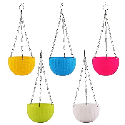 Kalfo Cane Basket Plastic Hanging Pot for Plants and Garden Multicolor Pots 17 x 12 x 32 ( Set of 5 Basket )