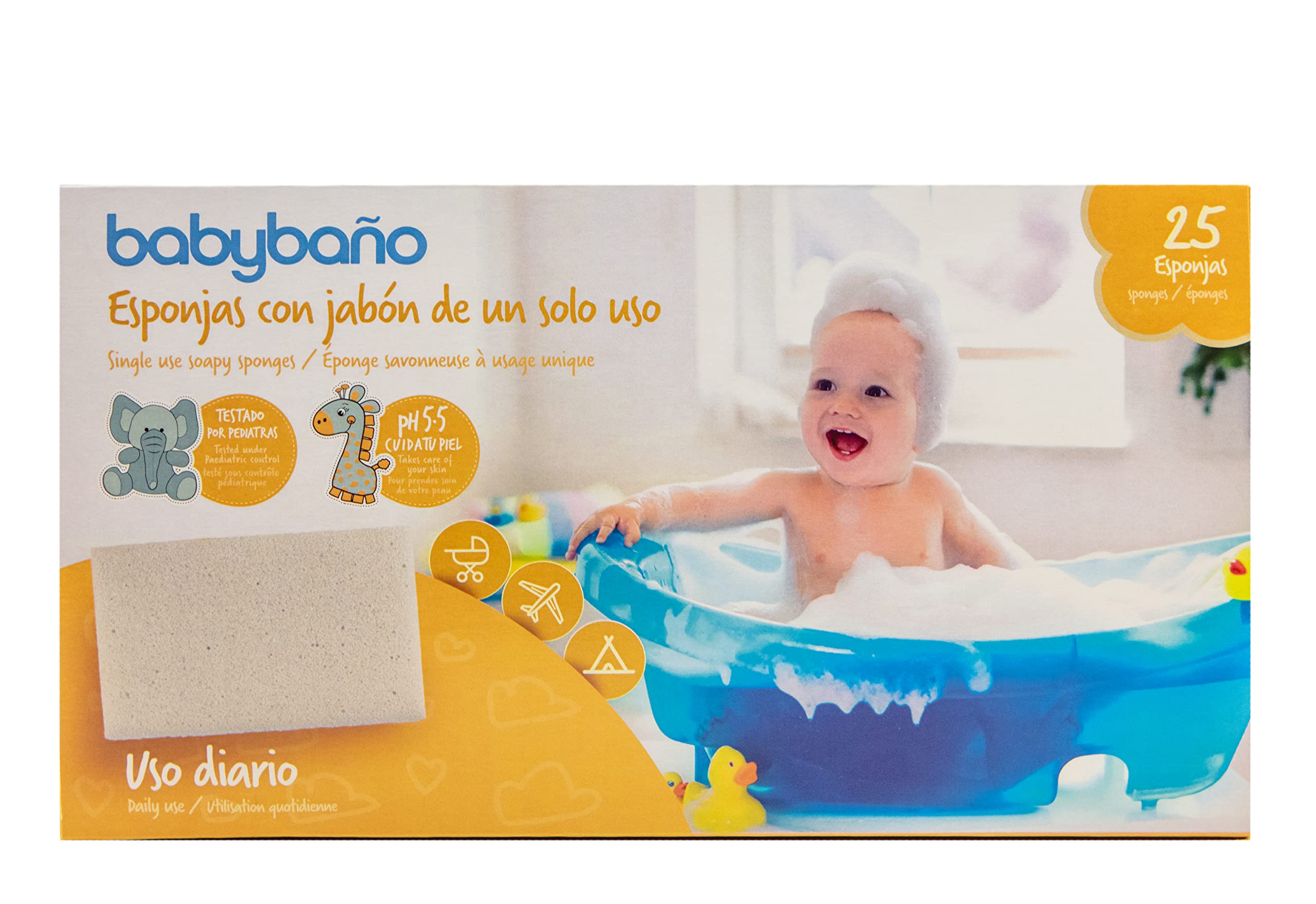 Babybaño - Babybath Disposable Soapy Sponge for Babies and Children 0-3 Years Old. Single-Use Bath Sponge with Pediatric and Dermatological Gel. Individually Wrapped. 25 Units