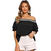 Allegra K Women's Ruffle Off Shoulder Top Summer Short Sleeve Smocked Casual Boho Solid Blouse