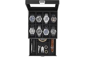 ProCase Watch Case, 8 Slot Mens Watch Box Holder Organizer with Glass Lid, 2-Layer Watches Display Case, Mens Jewelry Box with Drawer, Birthday Christmas Gifts for Men Women -8 Slot, Black