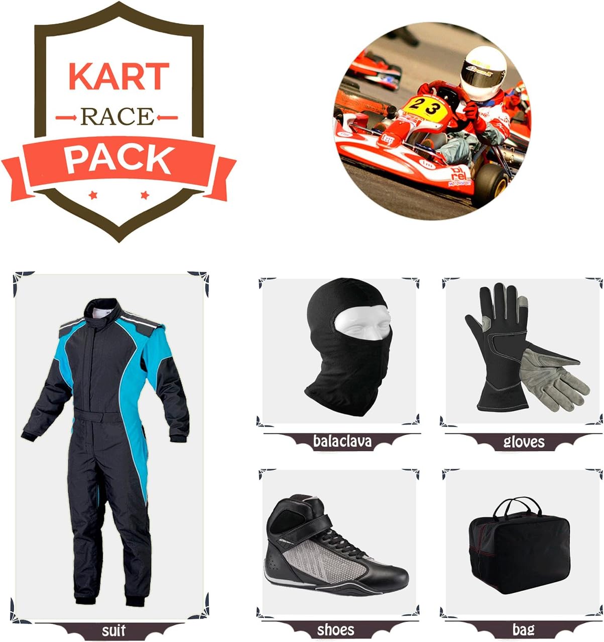 Go Kart Racing Suit Suit,Gloves,Balaclava and Shoes Free Bag - Black with Blue Side Style
