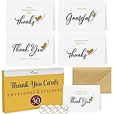 Only Zest Bulk Thank You Cards with Envelopes Set and Stickers - 30 Pack, 4 x 6 in Blank Simple Thank You Notes - Minimalist Box for Weddings, Baby Showers, Birthdays, Small Businesses