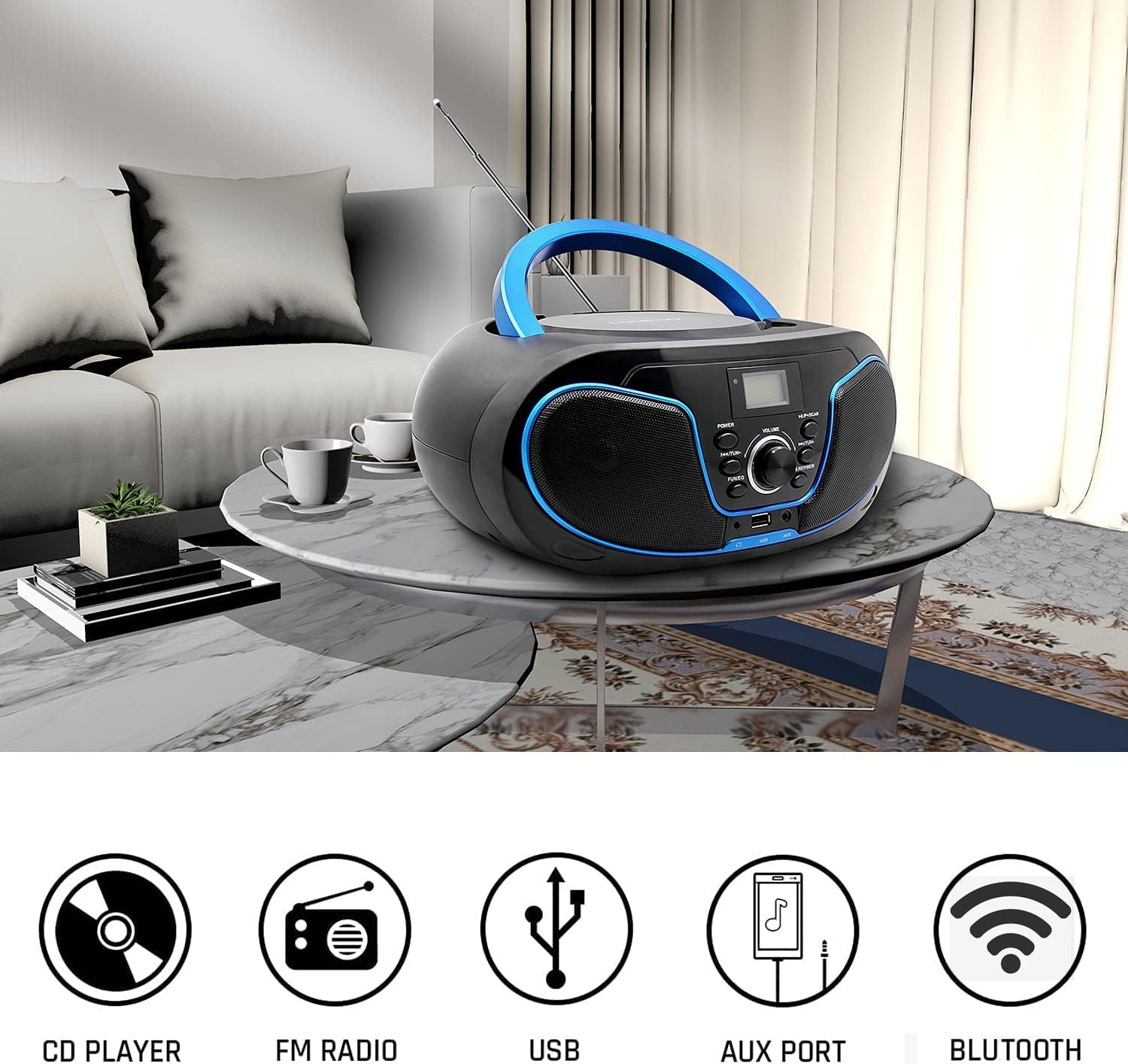 CD Player Boombox, LP-D02 Portable Bluetooth FM Radio Stereo Sound System with Crystal-Clear Sound, MP3 Playback, USB Input, AUX Input, Headphone Jack, LCD Display, AC DC Operated