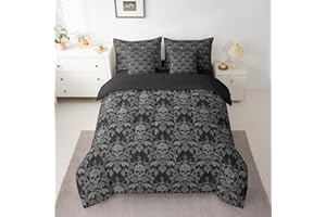 FEELYOU Jacquard Damask Bed in a Bag Full Size Boho Damask 7 Piece Bedding Set for Boys Girls Decor Vintage Floral Bed Set Includes Comforter, Sheets, Pillowcases & Pillow Covers Skull Bedroom Decor