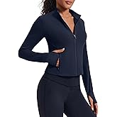 PINSPARK Women Cropped Workout Jackets Full Zip Slim Fit Athletic Jackets Thumb Holes Running Jacket with Zipper Pockets