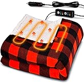 12V Car Heated Blanket 59"x39"Portable Heated Blanket for Travel with 4 Heating 4 Timing Settings Soft and Comfortable for Car SUV Camping (Black&Red)