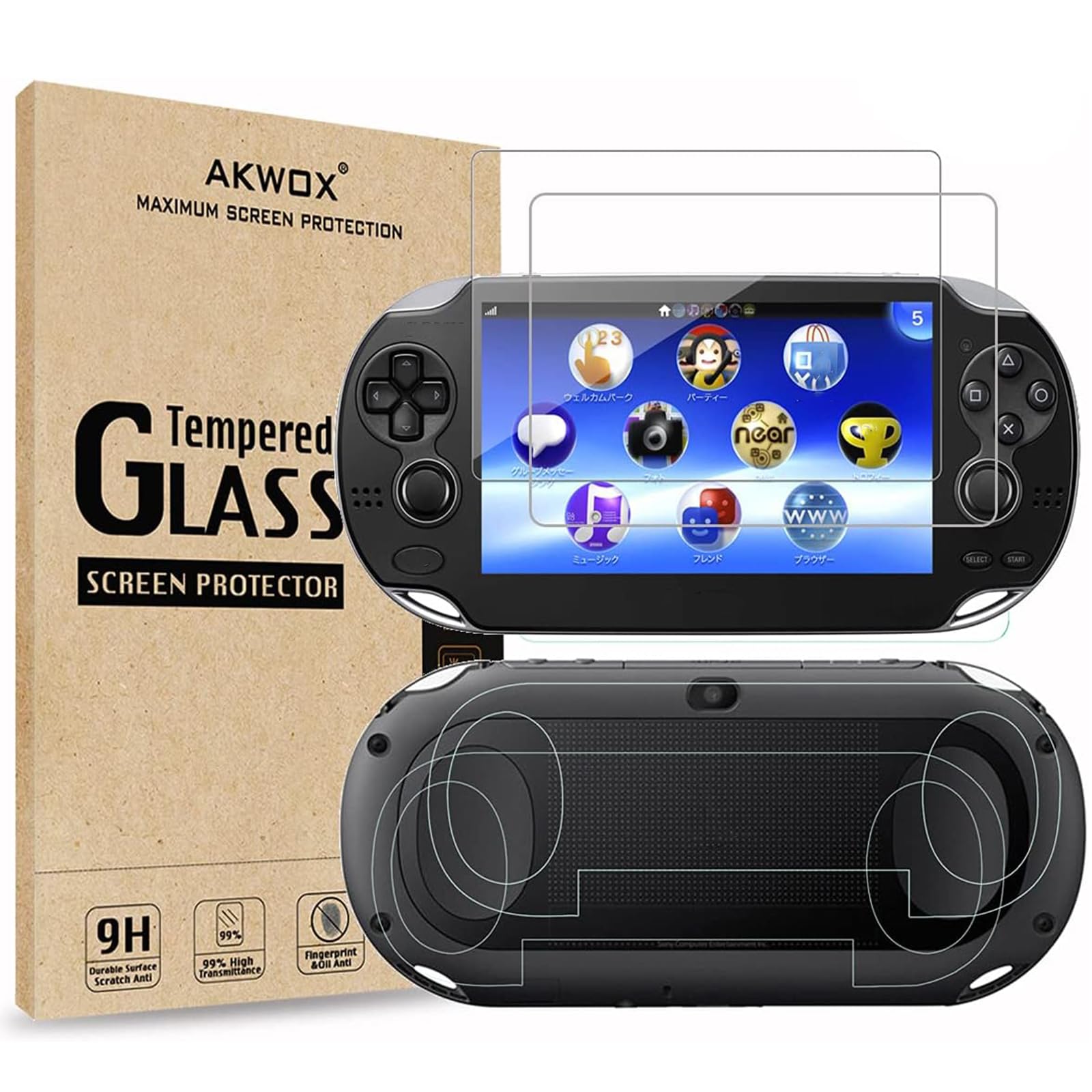 Photo 1 of AKWOX 2 Front+2 Back Covers Screen Protectors Compatible with Sony PlayStation Vita 1000, (4-Pack) 9H Tempered Glass Front Screen Protector and HD Clear PET Back Screen Protective Film