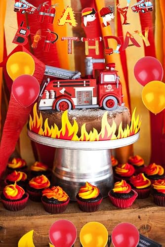 Fireman Party Photo Door Banner – 5x3ft Fire Truck Backdrop For Kids Birthday Pretend Play