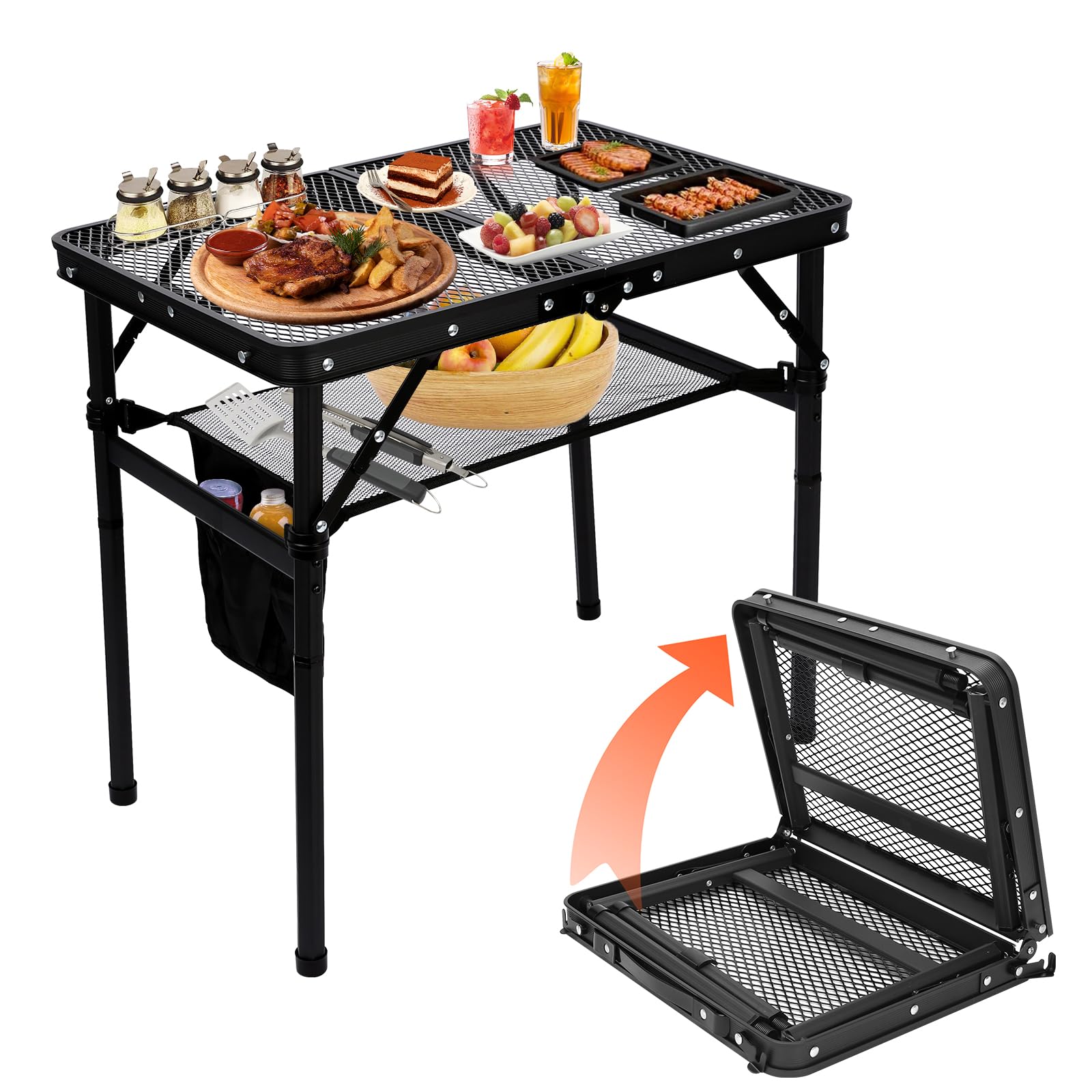 Photo 1 of QuliMetal Small Portable Folding Grill Table with Adjustable Height & Mesh Desktop, Lightweight Camping Table – Perfect for BBQ, Picnic, Beach, & Indoor Use – Compact, Durable & Easy to Carry, Black