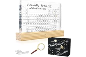 OCTAOR Periodic Table of Real Elements, Wooden Base with RGB Lighting and Magnifying Glass and Gift Box, Student Chemistry Learning Tool, Larger Size Acrylic Science Gift and Craft (8.3 x 5.5 inch)