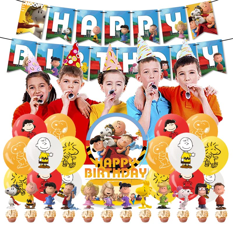 RZDQZY Birthday Decorations: 16pcs Balloons, 13pcs Cake Toppers, 1pcs Happy Birthday Banner - Red, Blue, Yellow Cartoon Snoopy Birthday Party Decorations