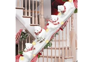 OOOFAYE Polar Bear Christmas Staircase Decorations Set Banister Christmas Decorations with 4PCS Skiing Polar Bears & Artificial Snow & LED Lamp Belt, for Home Interior Stairs Decor