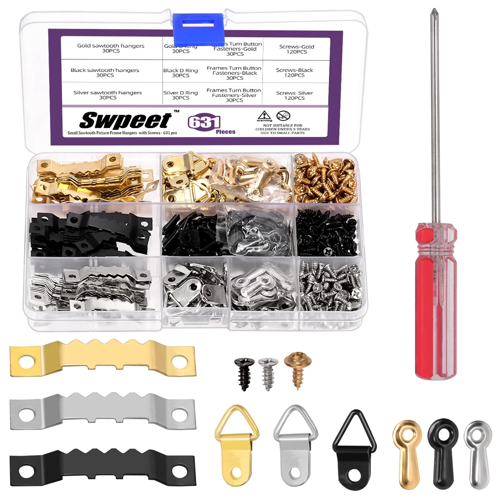 Swpeet 631Pcs Picture Hangers Kit, Including Metal Sawtooth Picture Hangers Double Hole and Picture Frames Turn Button and D Ring Picture Frame Hanger with Screws and Screwdriver for Hanging Pictures