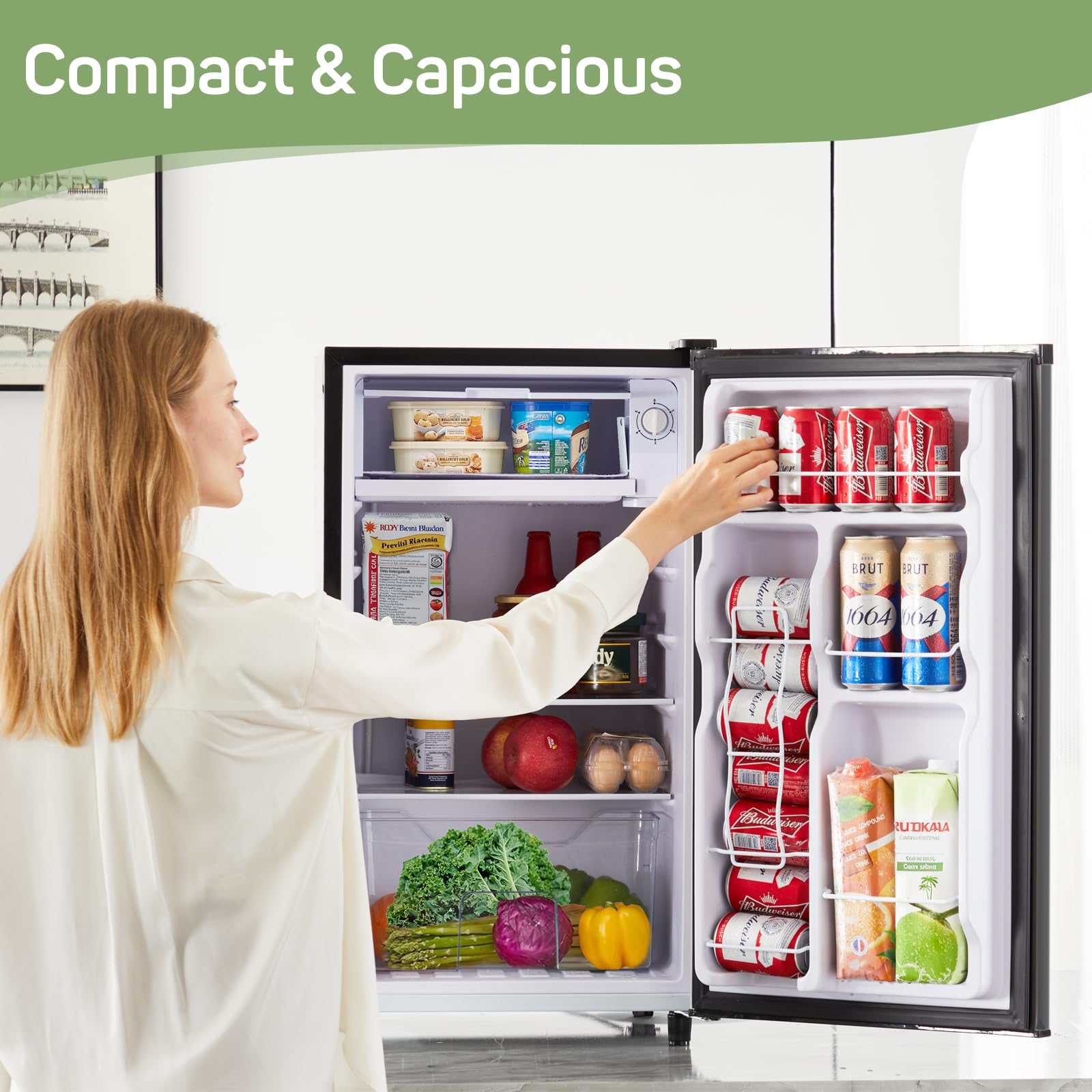 Upgraded Mini Fridge for Bedroom 3.2 Cu.Ft Small Refrigerator with Freezer for Dorm Office, Compact Single Door Adjustable Thermostat Low Noise, 17.5