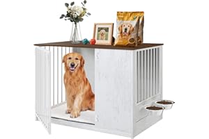 TBWIND Dog Crate Furniture for Large Dogs, 36" Indoor Wooden Dog Kennel with 270° Swivel Door & 360° Rotating Feeder, Decorative Heavy Duty Dog House with Double Locks & Bowls, White