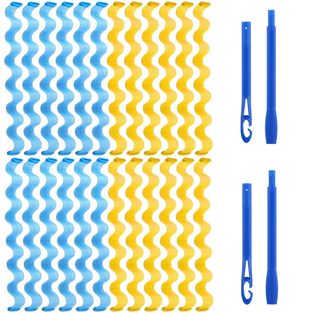 24 Pack Heat-Free Curling Rods - Spiral Hair Rollers with 4 Styling Hooks for Long Locks, Water Wave No-Heat Curlers in Blue/Pink/Yellow (Includes Storage Case, 3 Sizes)