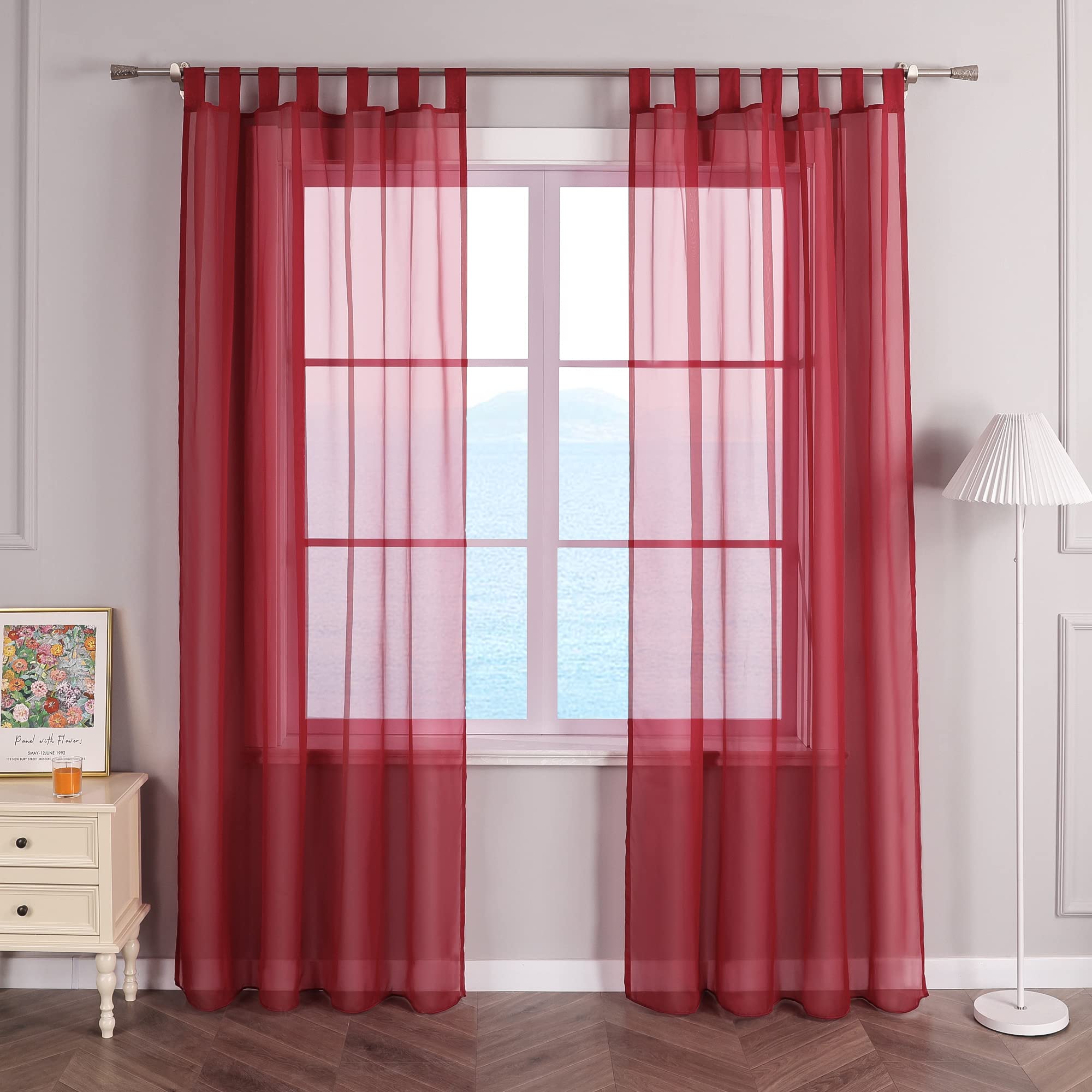 ESLIR Curtains with Tabs Window Curtain Transparent Voile Berry W x H 140 x 245 cm Pack of 1