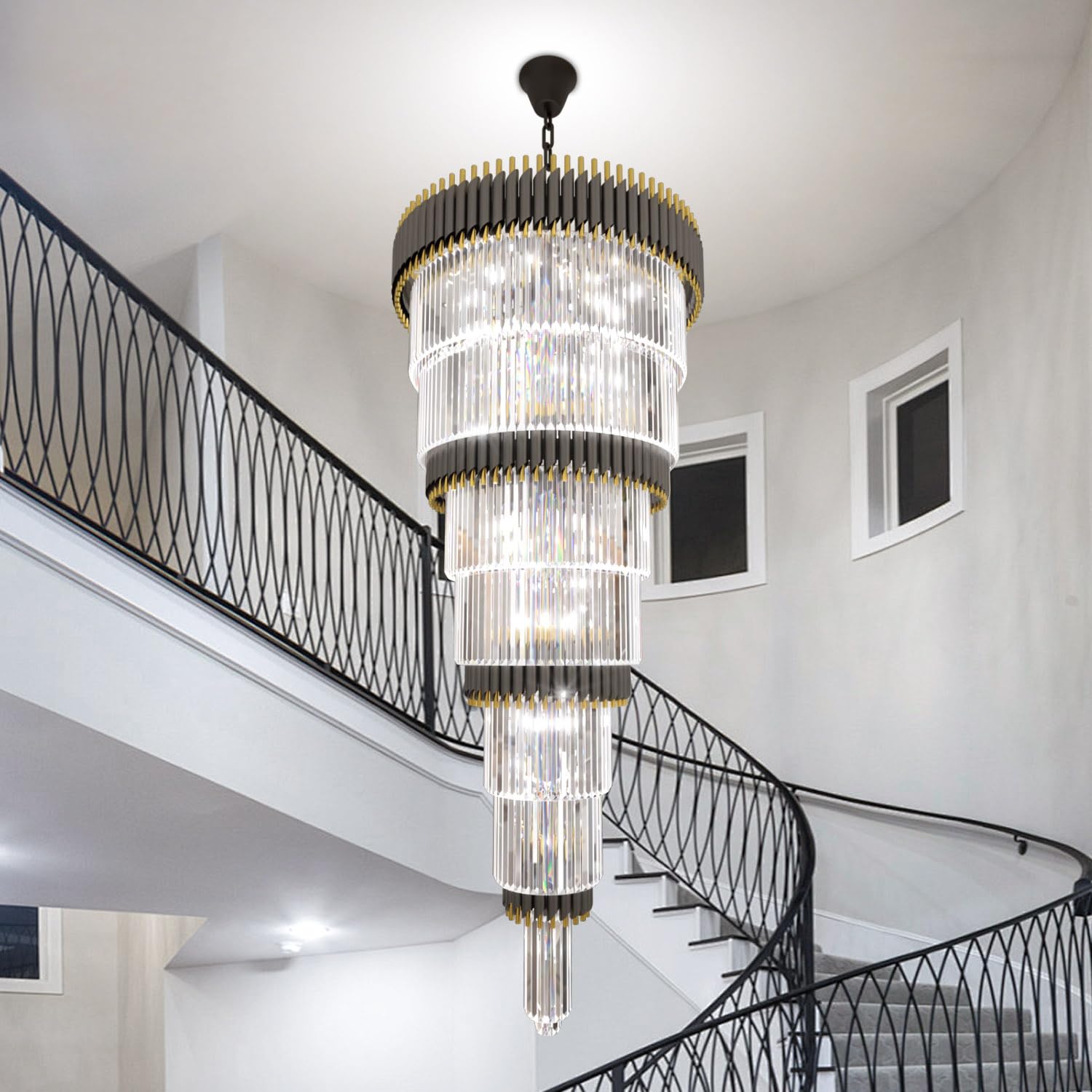 Photo 1 of WOSOHYUN Large 7-Tier Black and Gold Chandelier 94.5" H x 32" W Modern Luxury Long Crystal Chandelier Lighting Fixture for High Ceiling Staircase Foyer Entryway Living Room Villa Hall