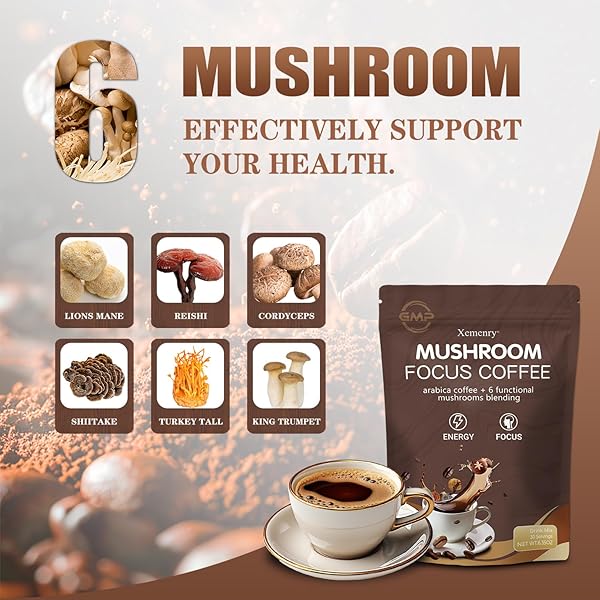 MUSHROOM COFFEE ORGANIC,ENHANCED FOCUS, IMPROVED ENERGY,BOOSTED IMMUNITY, 6 ADAPTOGENIC MUSHROOMS: LION’S MANECORDYCEPS, REISHI, KING TRUMPET, SHIITAKE, CORDYCEPS & TURKEY TAIL, 30 SERVINGS