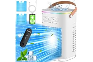 BALKO Small Air Conditioner, 5400mAh Built-in Battery Evaporative Air Cooler, 2 Ice Packs, 7H Timer Smart Auto-Off &Remote, 7 Lights, 1200ML Water Tank, 2-Level Mists, 3-Speed Personal Air Conditioner