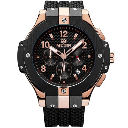 MEGIR Mens Sports Quartz Watches Fashion Silicone Strap Chronograph Analog 24 Hours Display Wristwatch for Man Rose Gold