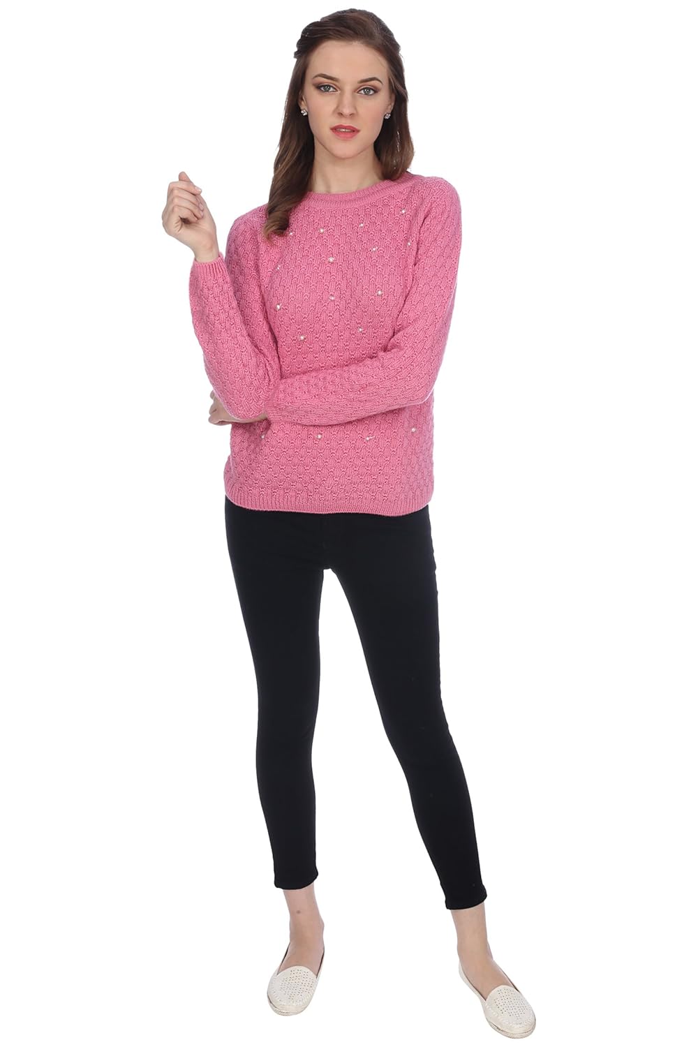 ebony twist women's round neck full sleeves pink pearl sweater