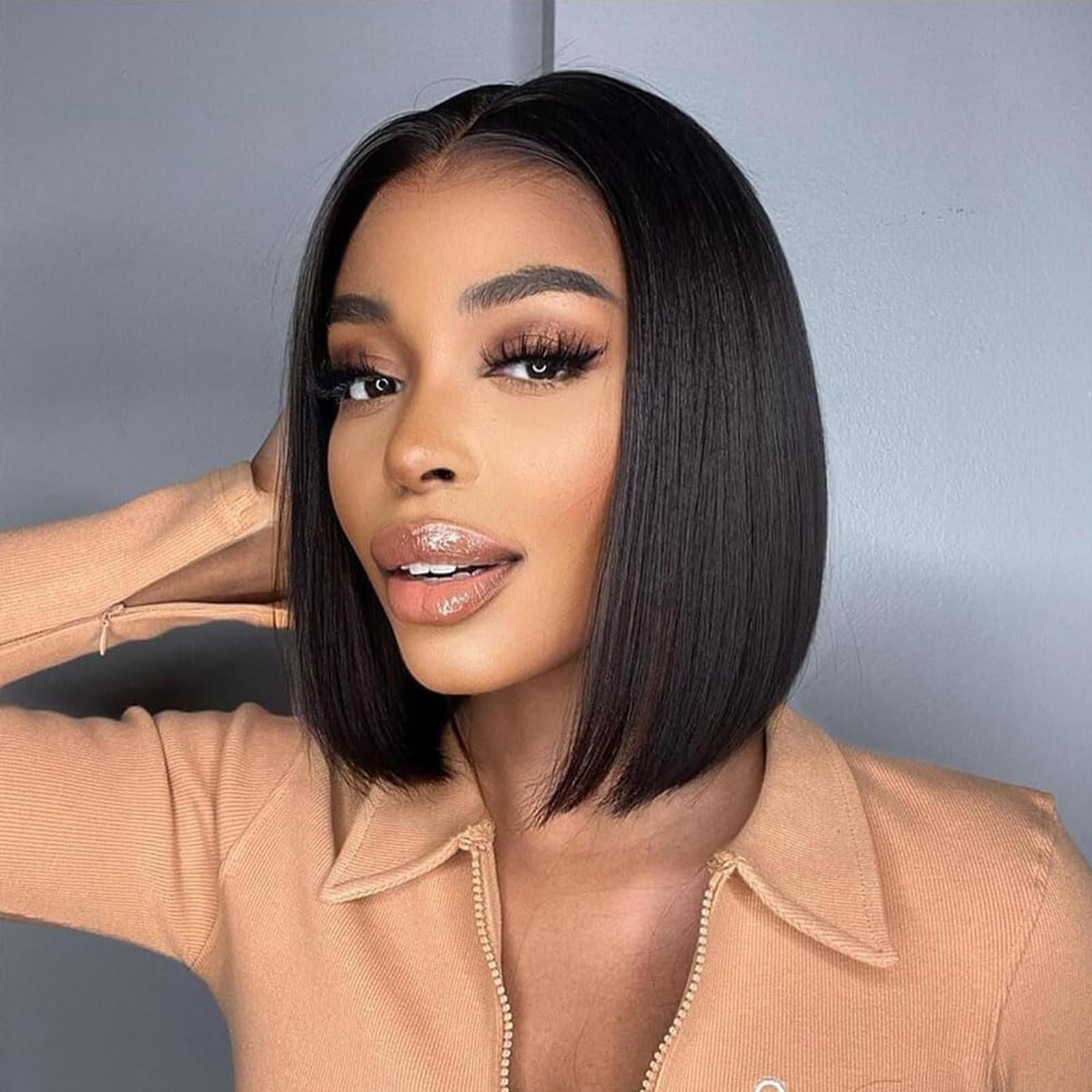 FASHION IDOL Bob Lace Front Wig Human Hair Pre Plucked 8 inches Short Bob Wig for Women Glueless T Part HD Lace Brazilian Virgin Human Hair Natural Black
