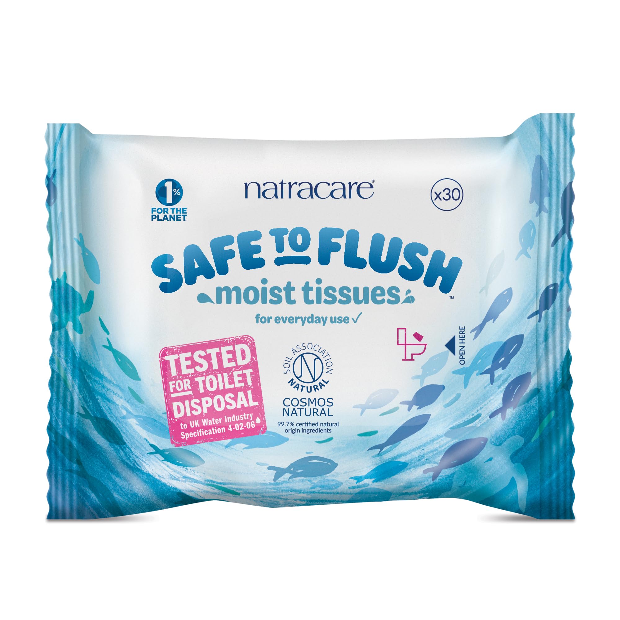 Natracare Safe to Flush moist tissues | 30 Wipe Pack | Plastic Free | Certified Flushable | Pack of 2