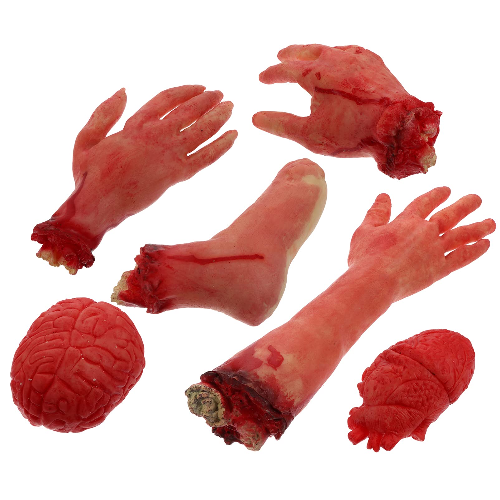 Toddmomy 6Pcs Halloween Props Fake Body Parts Including Broken Hands Foot Heart Brain Silicone Plastic Decorations for Haunted House Party