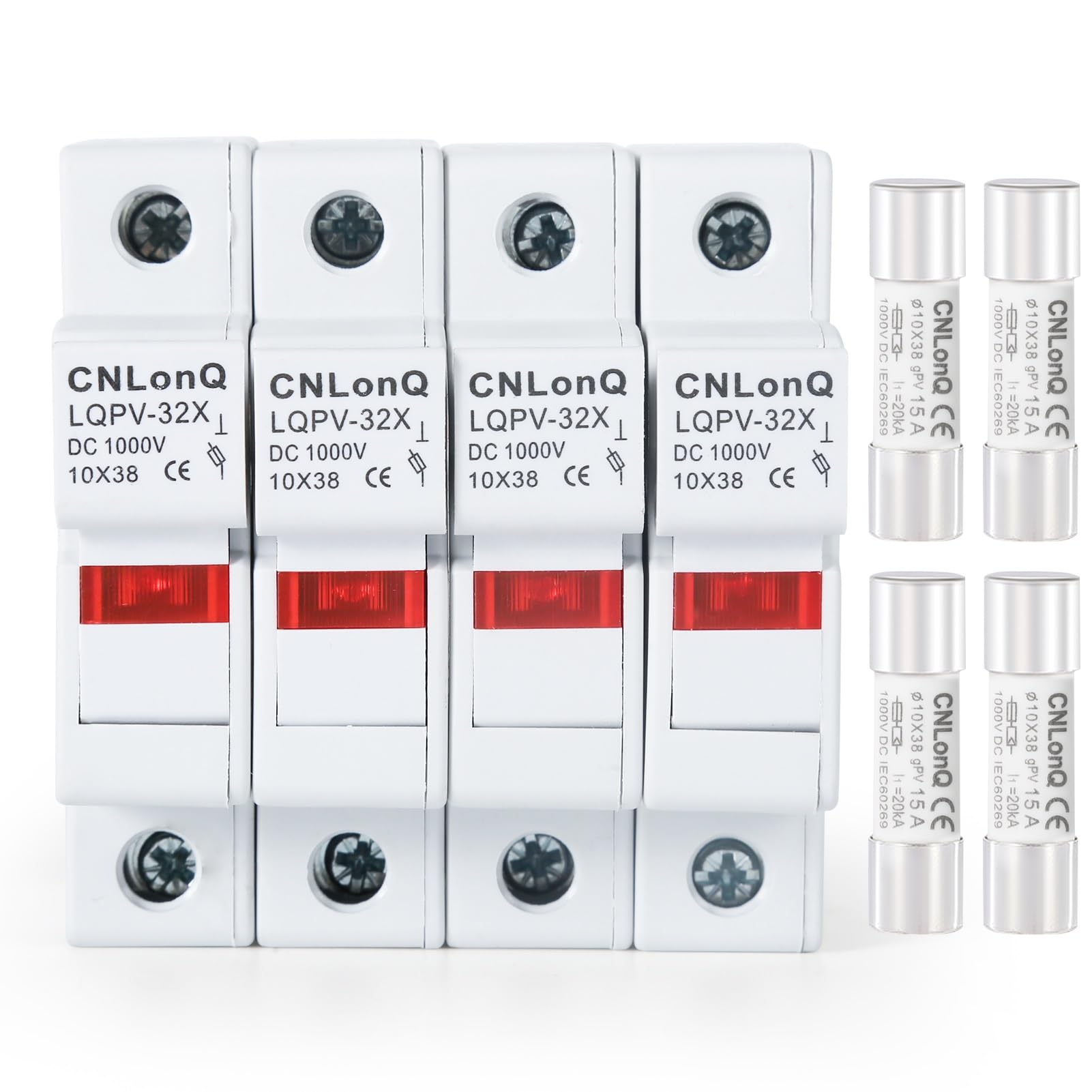 DEWIN Solar PV Fuse Holder, Photovoltaic Fuse Holder 4pcs Fuse Base With Light RT18-32X 1P DC1000V 10x38mm + 4pcs 15A Fuses DIN Rail Mounting (15A)