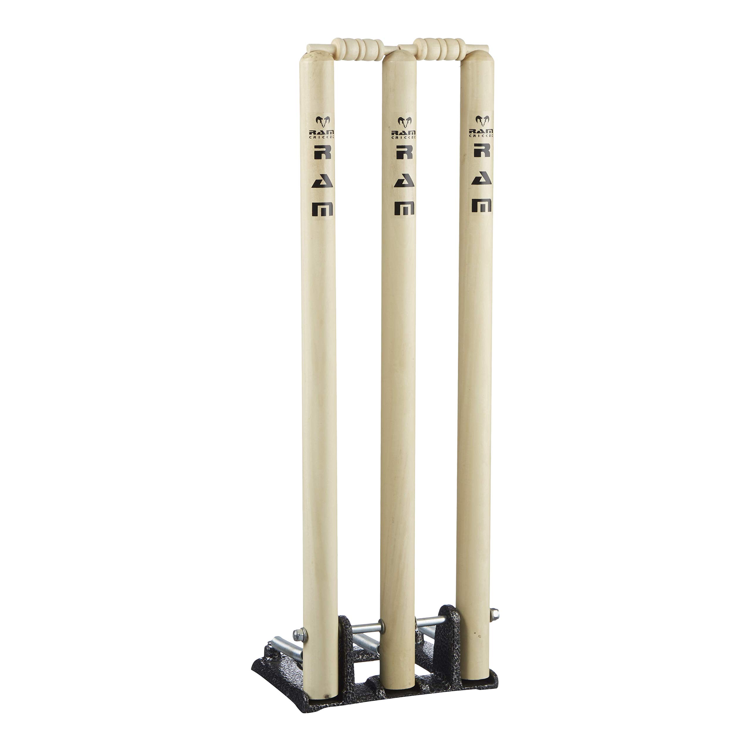 Ram Cricket Spring Back Stumps with Heavy Metal Base, Durable Mango Wood Construction & Resilient Springs, includes 2 Bails, Ideal for Club & School Use – Available in Senior (28") & Junior (27")