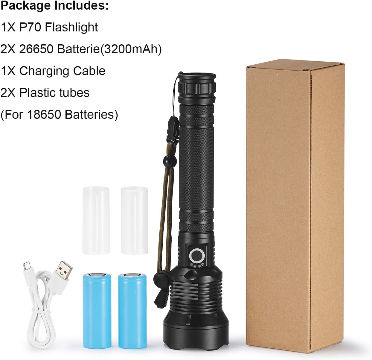 led Flashlight 90000 lumens Most Powerful 26650 USB Torch XHP70 Hunting (P70 Flashlight) - - 