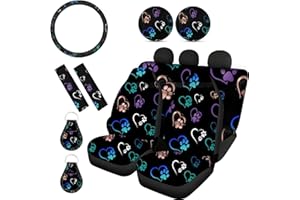 Wanyint Colorful Paw Print Car Seat Covers for Women Men Steering Wheel Cover Seatbelt Pad + Key Chains + Cup Coasters Universal Fit Most Car SUV Van,Easy to Install