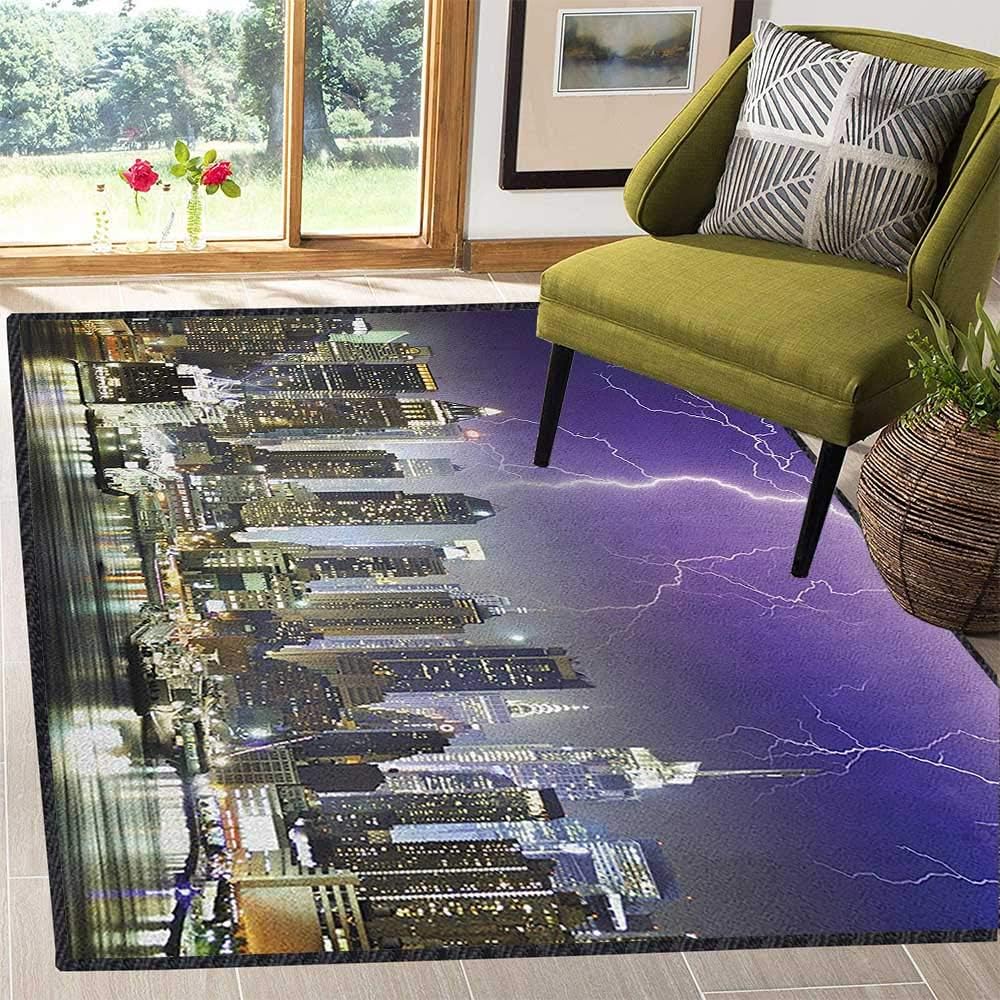 City Contemporary Synthetic Rug,Storm and Thunder at Night in New York City Apocalyptic Dramatic View Protect Floors Indigo Lilac Charcoal Grey 67"x79"