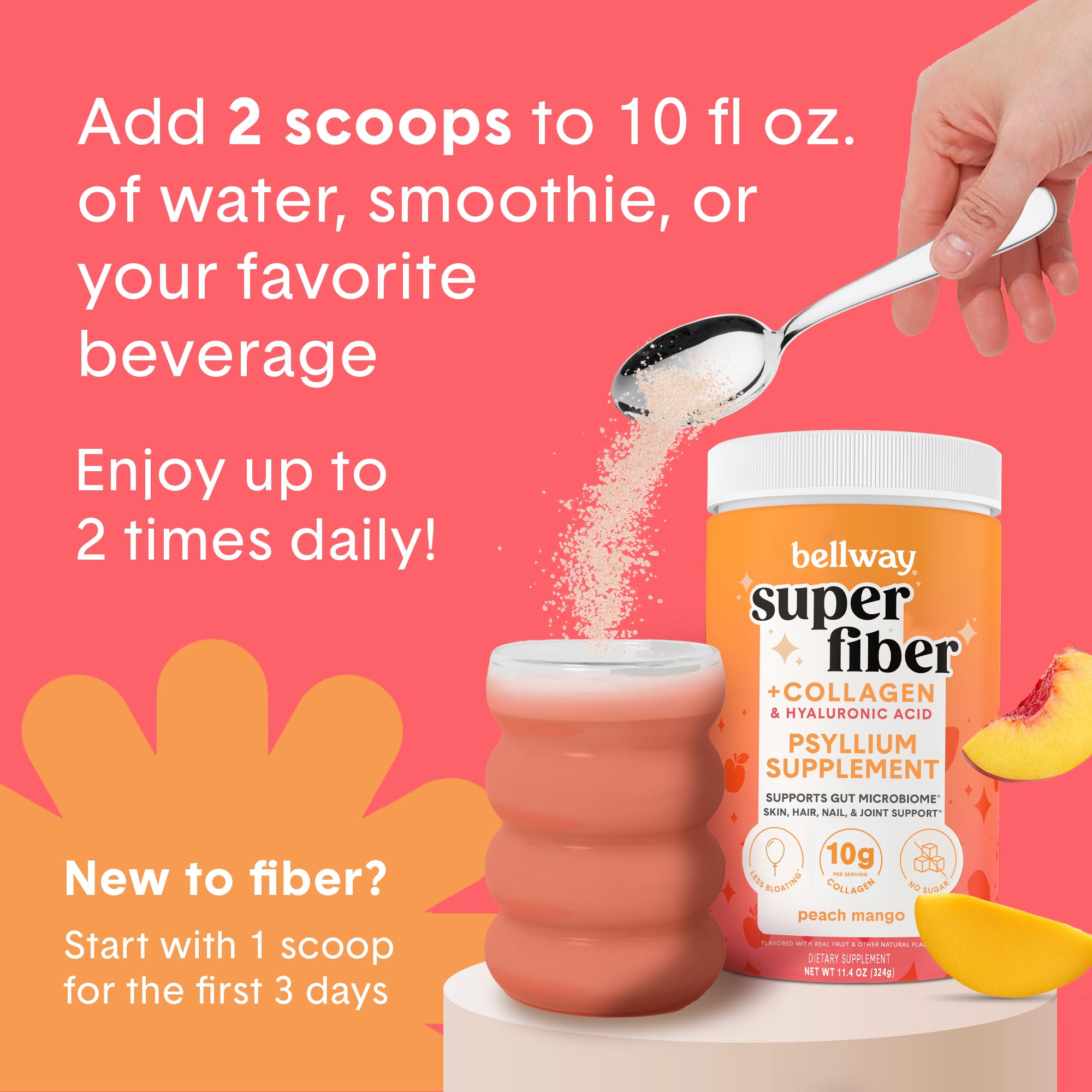 Bellway Super Fiber Powder + Collagen, Sugar-Free Psyllium Husk Powder with Collagen Peptides and Hyaluronic Acid for Digestive Health, Healthy Skin, Nails, Bones & Joints, Peach Mango (20 Servings)