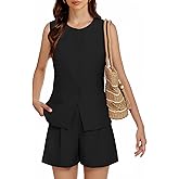 Casly Lamiit Women's Summer 2 Piece Short Sets Crew Neck Button Down Vest with Pockets for Business Casual Work Blazer Set