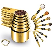 LIFETOWE Gold Measuring Cups and Spoons Set of 15, 18/8 Stainless Steel, Includes 7 Nesting Metal Measuring Cups,8 Magnetic M