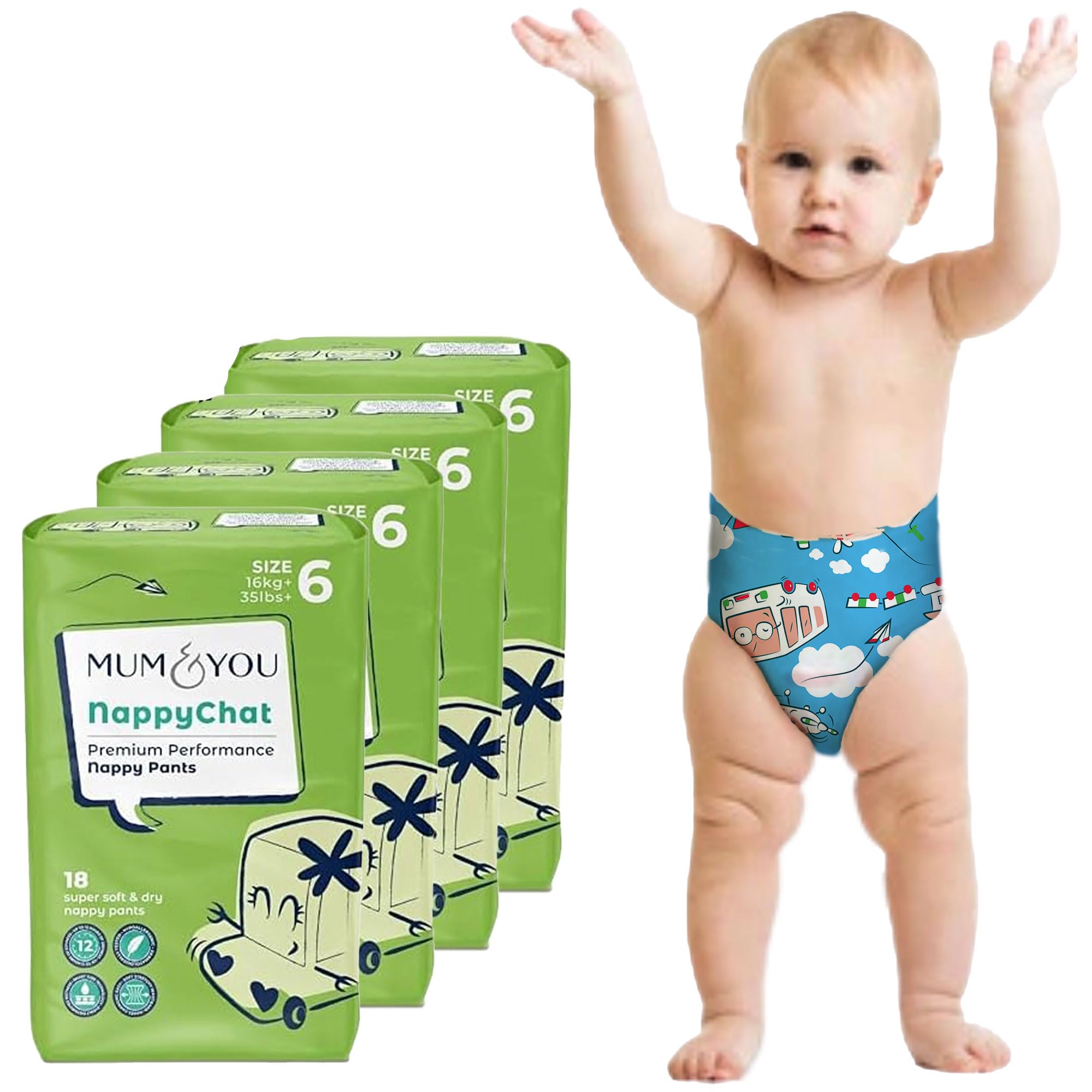 Mum & You Premium, Dry Baby Nappy Pants | Size 6 (16 KG+), 72 Count (4 Packs of 18) | Dermatologically Tested with 12-Hr Leak Protection with Wetness Indicator | Rash Free