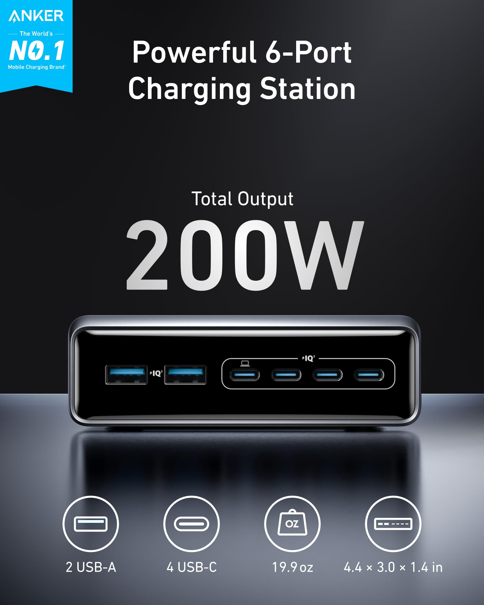 Anker Prime Charger, 200W 6-Port GaN Charging Station, USB-C PD Fast Charging Desktop Charger, Compatible with iPhone, Samsung, MacBook, Dell and More