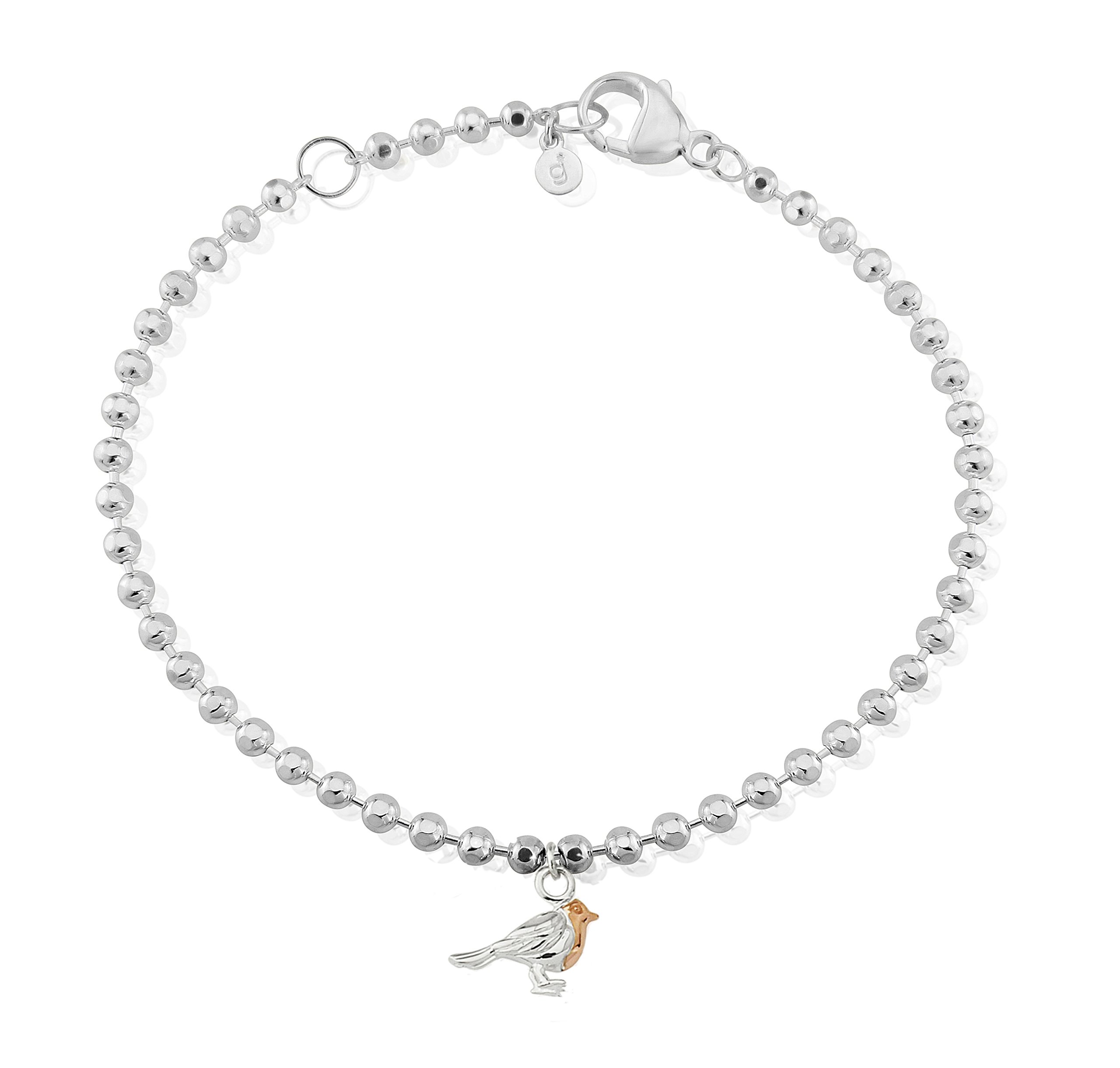 Gemma J Solid 925 Sterling Silver Robin Bird Beaded Bracelet with 14ct Rose Gold Breast