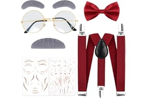 MATINIY 5 PCS Kids Old Man Costume 100 Days of School Grandpa Set Include Glasses Suspenders Bowtie Mustache Tattoos Stickers