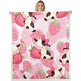 Feelyou Kids Pink Strawberry Sherpa Blanket Throw 50"x60",Milk Cow Fleece Throw Blanket for Bed Sofa Couch, Kawaii Cute Plush Blanket Fruit