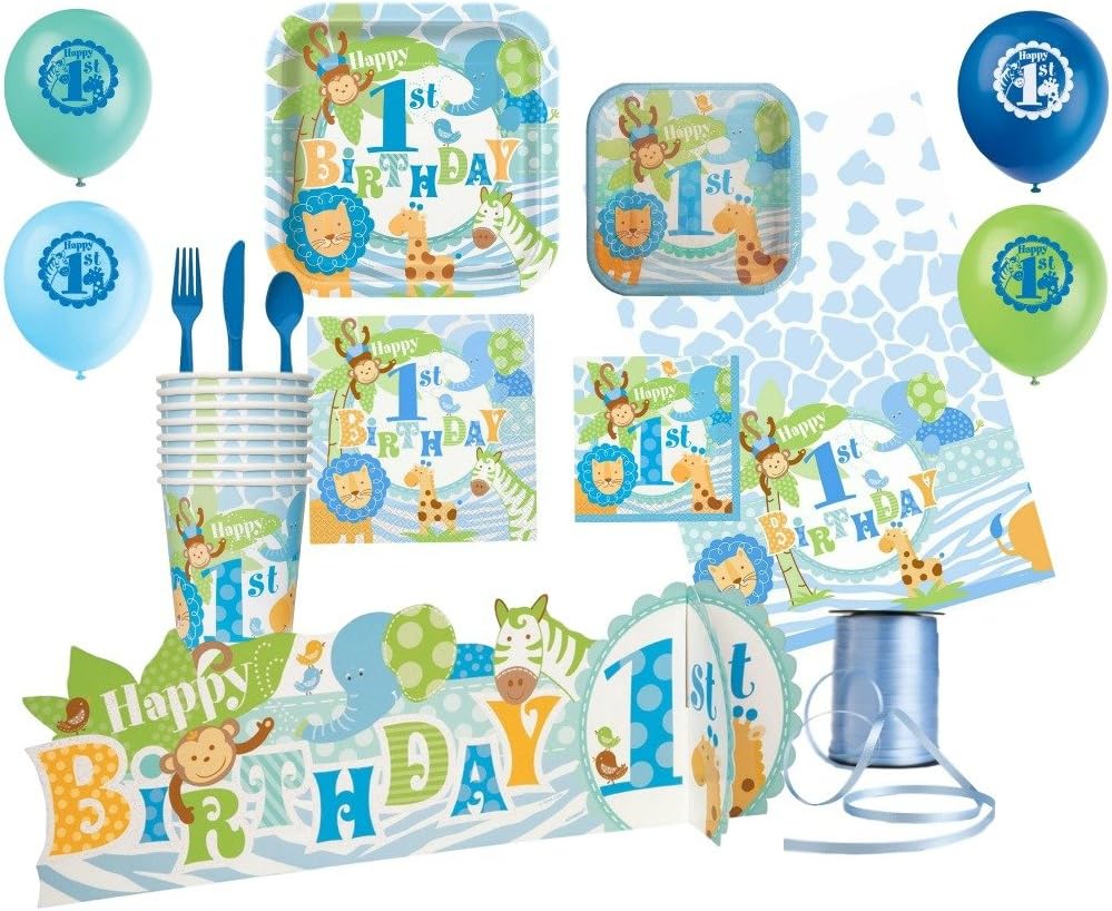 Baby Boy Animal Safari 1st Birthday Party Celebration 105pc Supply Bundle! Includes - Plates, Napkins, Cups, Tablecover, Cutlery, Centerpiece, Balloons and Curling Ribbon for 8 Guests!