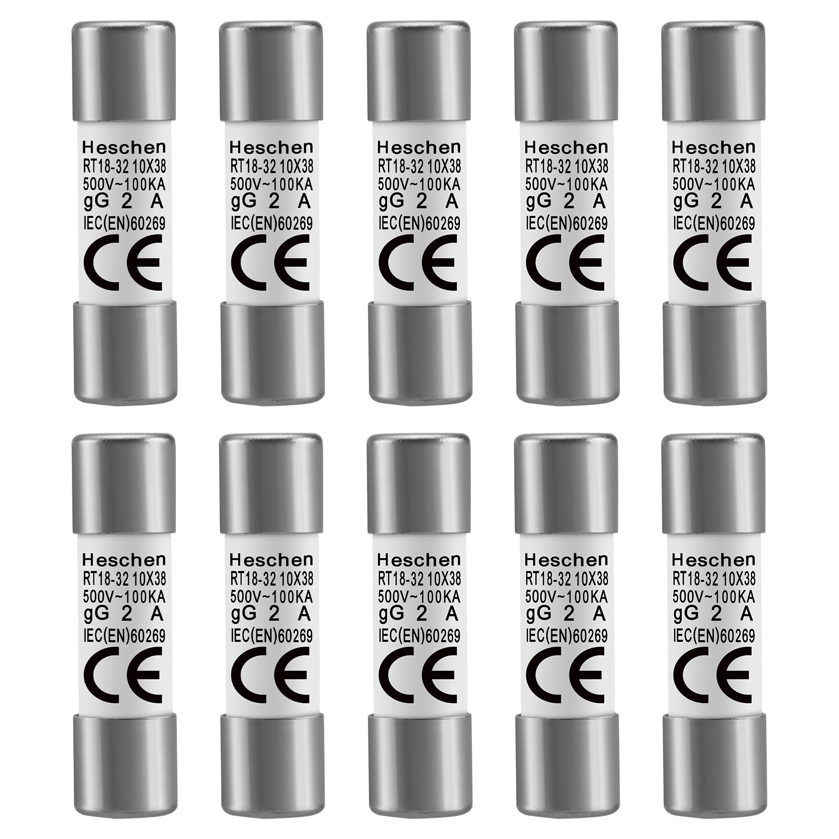 Heschen Cylindrical Ceramic Tube Fuse Link RT18-32 (RO15) 10 * 38 mm 2A 500V CE Pack of 10