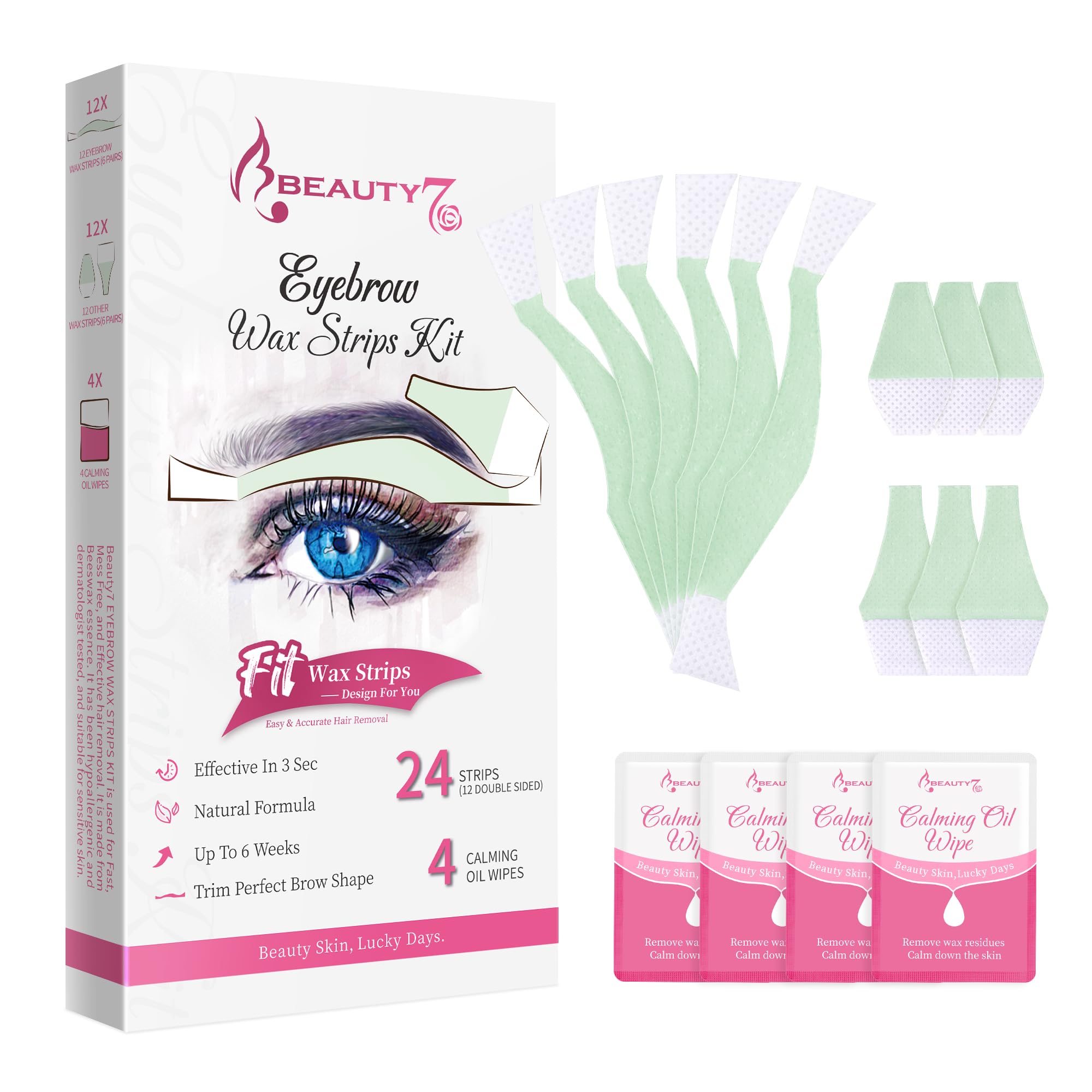 Beauty7 Wax Strips for Face, Eyebrow Shaper Pre-cut, 24pcs Waxing Strips with 4pcs Cleaner Oil Wipes, Cold Wax Strips Facial Hair Removal