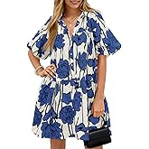Wenrine Women's Summer Button Down Shirt Dress Floral Puff Short Sleeve Casual Loose Fit Beach Mini Dresses
