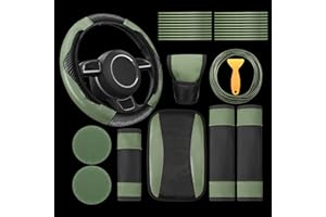 Riakrum 30 Pcs Car Accessories Set PU Leather Steering Wheel Cover Anti Slip Steering Wheel Protector Car Vent Trim Strips Air Conditioner Insert Strips with Installation Tool (Green)